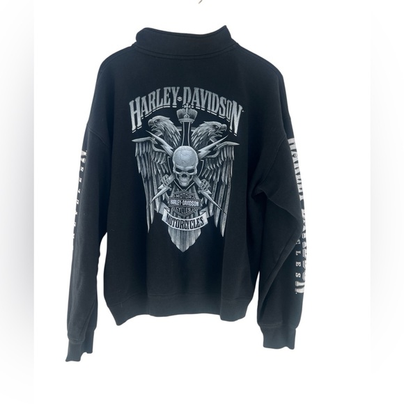 Harley Davidson Black Sweatshirt Motorcycle Men’s 1/4 Zip Skull Eagle Wisconsin - Picture 1 of 8